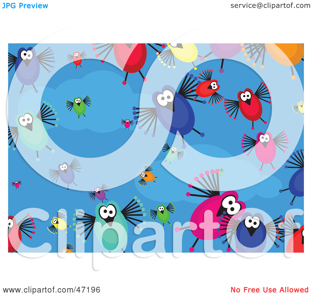 Clipart Illustration Of A Blue Background Of Crazy Birds And Clouds By