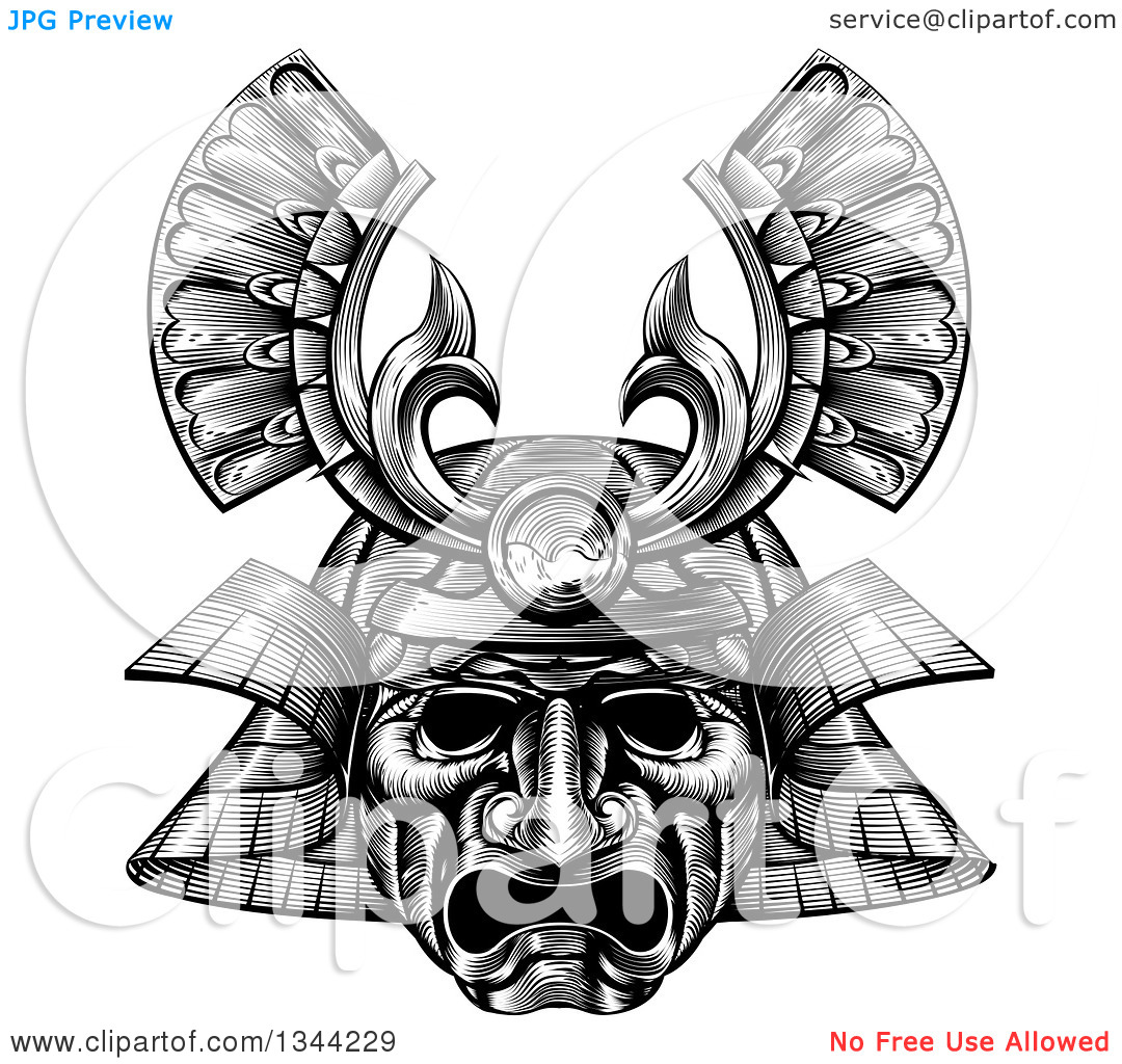 Clipart Of A Black And White Woodblock Styled Samurai Mask   Royalty