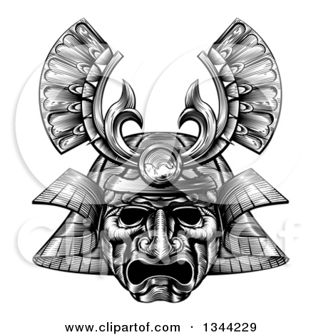 Clipart Of A Black And White Woodblock Styled Samurai Mask   Royalty    
