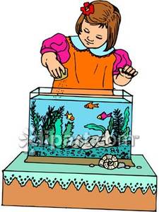 Girl Feeding Fish In A Tank   Royalty Free Clipart Picture
