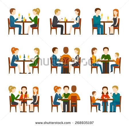 Group Of People Eating And Talking In Restaurant Or Cafe Flat Icons    