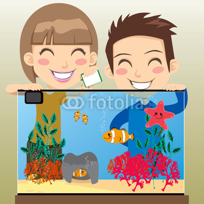 Happy Kids Feeding Fish In Aquarium Stock Image And Royalty Free    