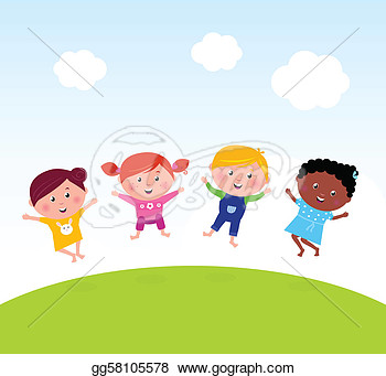     Kids Jumping On Summer Meadow   Vector Clipart Gg58105578   Gograph