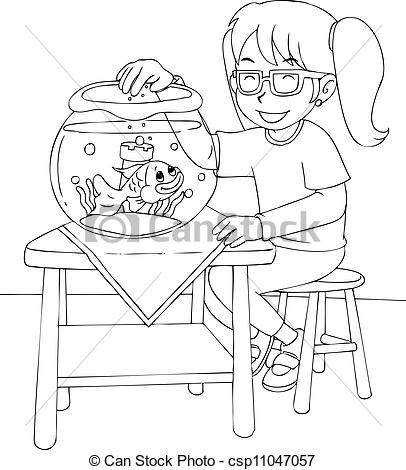 Outline Illustration Of A Girl Was Feeding The Goldfish