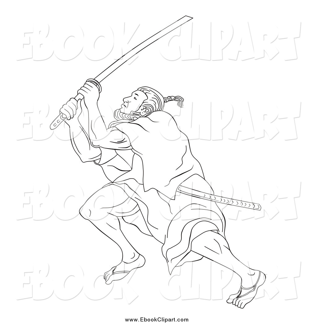 Vector Clip Art Of A Sketched Black And White Samurai Warrior Fighting