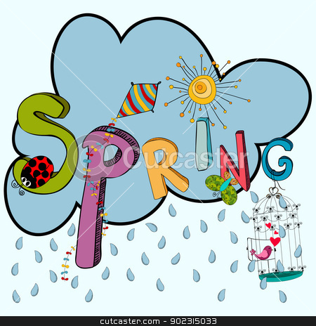 Vector Clipart Cloud Rain With Vibrant Spring Elements  Kite Ladybug