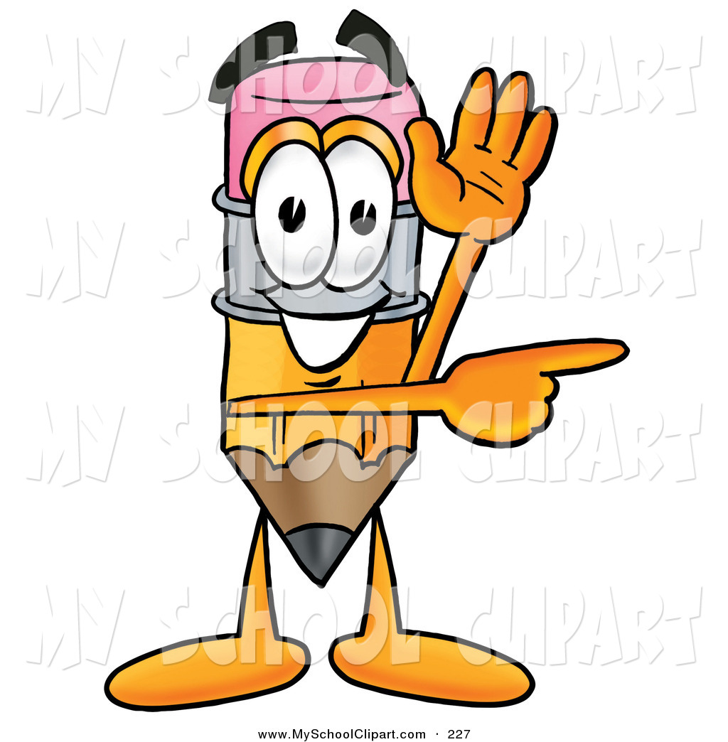 Art Of A Yellow Pencil Mascot Cartoon Character Waving And Pointing