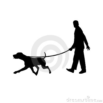     As Silhouette Of Man Walking With His Dog Holding Him By A Leash