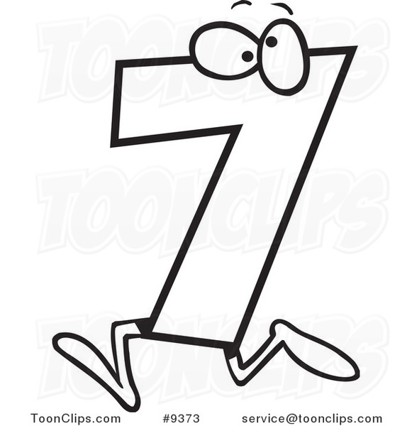 Cartoon Black And White Line Drawing Of A Number Seven 7 Character    
