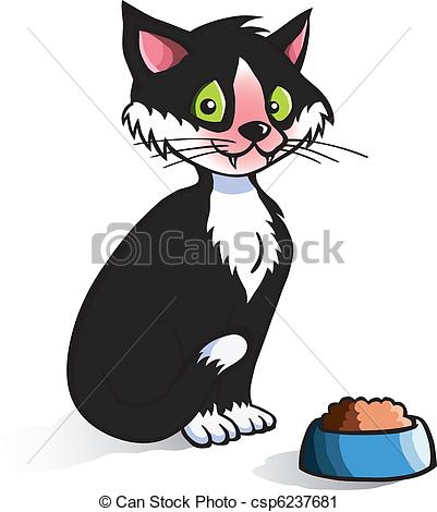 Clip Art Of Cartoon Cat With Food Bowl   Happy Black Cartoon Cat    