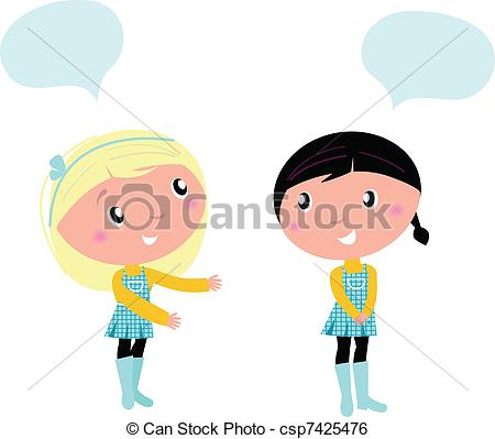 Clip Art Vector Of Two Cute School Girls Talking About Something