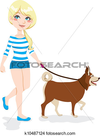 Clipart   Girl Walking Dog  Fotosearch   Search Clip Art Illustration