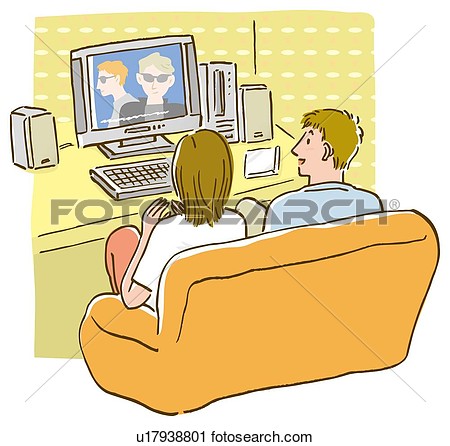Clipart   Man And Woman Watching Movie By Computer Monitor Sitting On    