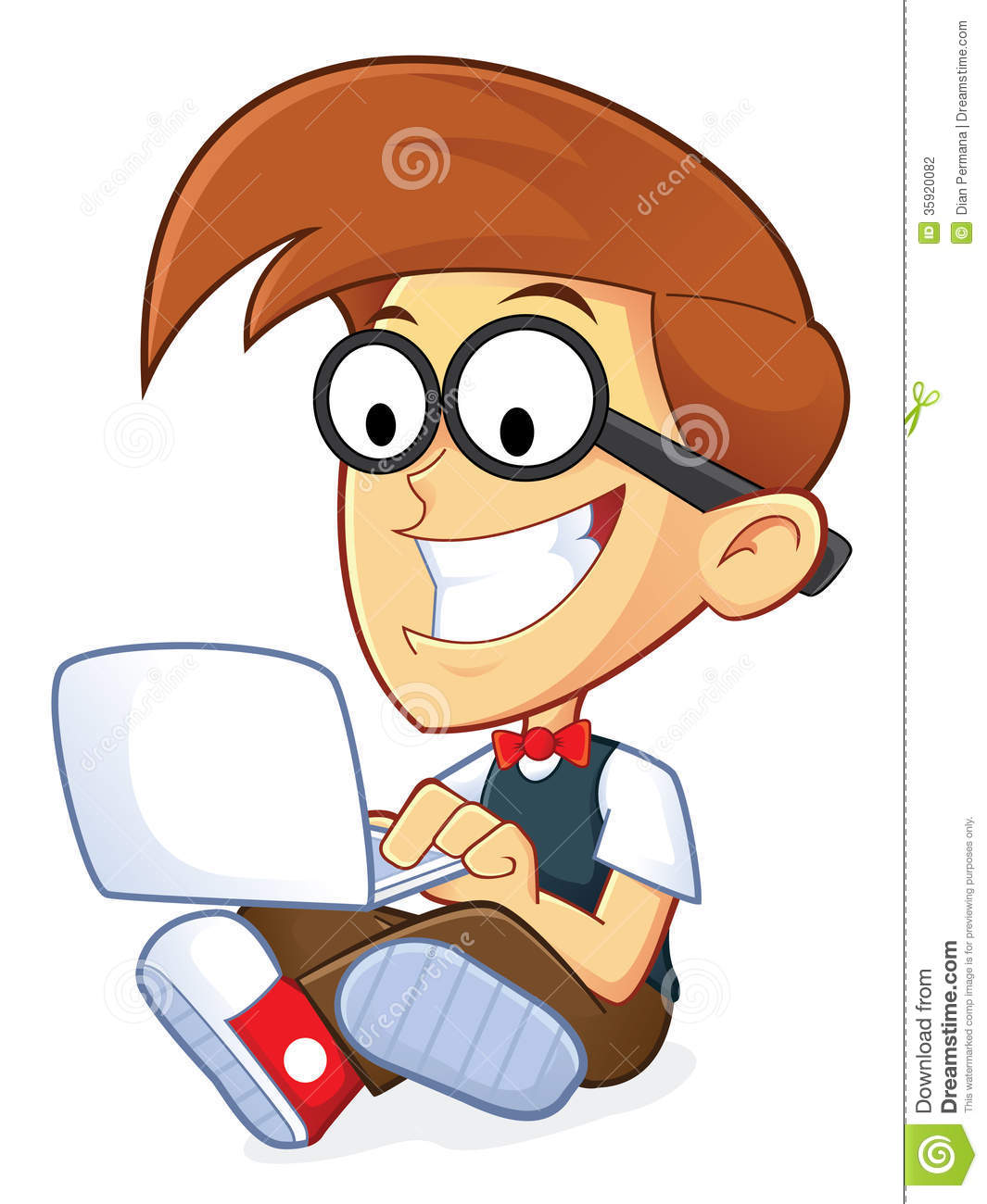 Clipart Picture Of A Nerd Geek Cartoon Character With His Laptop 