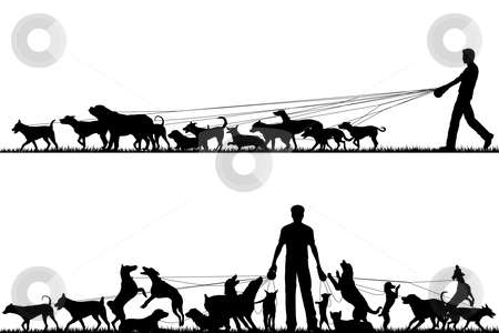Dog Walker Stock Vector Clipart Two Foreground Silhouettes Of A Man