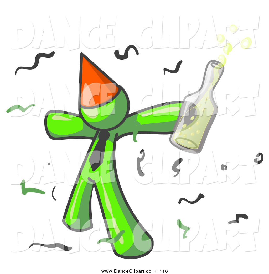 Happy Lime Green Businessman Partying With A Party Hat Confetti And A    