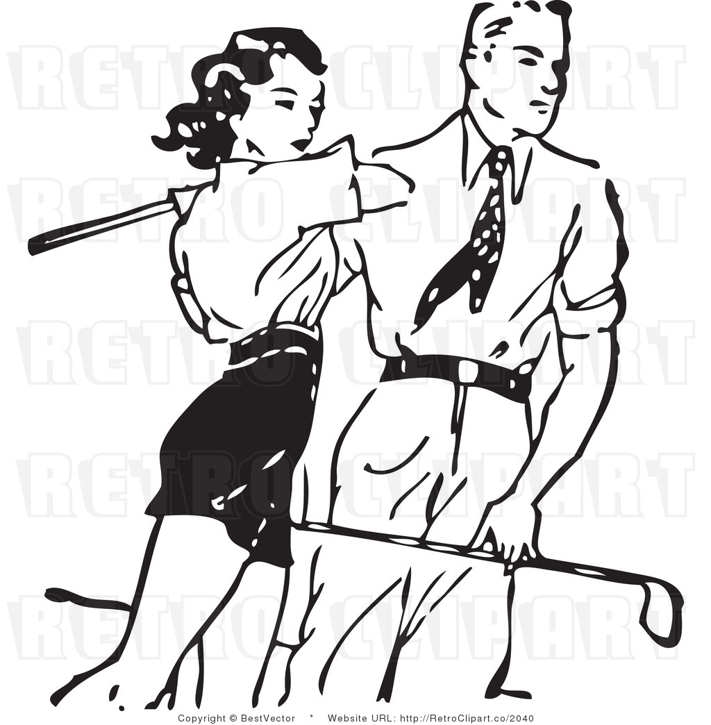 Retro Vector Clip Art Of A Young Man And Woman Playing Golf Together