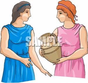 Two Greek Women Talking While Holding A Water Jar Clip Art Image