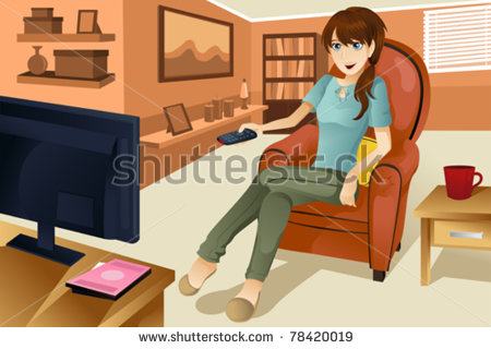 Vector Illustration Of A Beautiful Woman Watching Television At Home