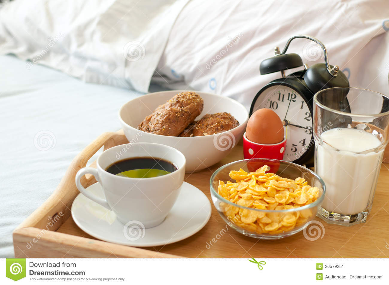 Breakfast In Bed   Rolls Coffee Boiled Egg Milk Corn Flakes And