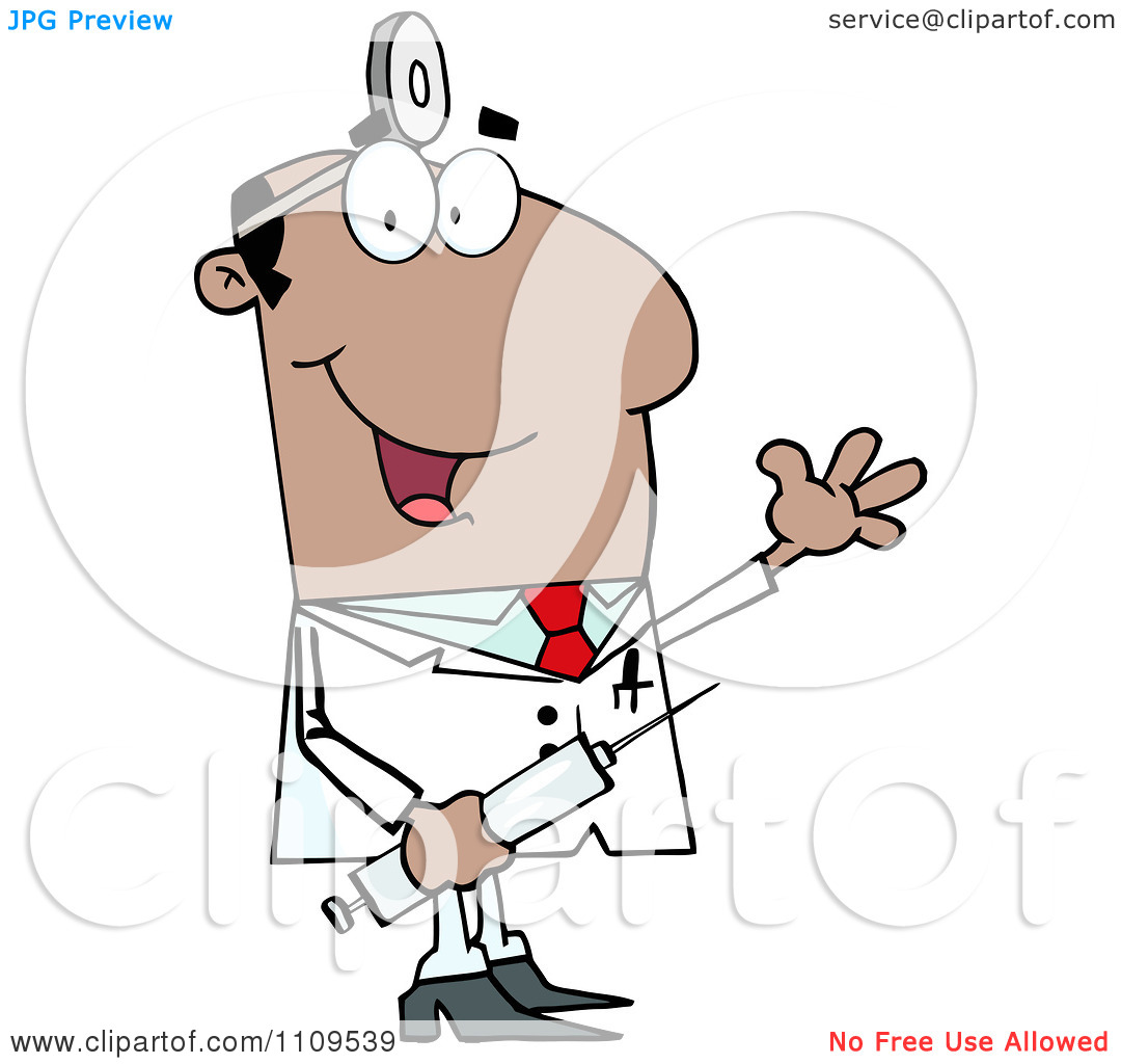 Clipart Happy Black Male Doctor Holding A Syringe And Waving   Royalty    