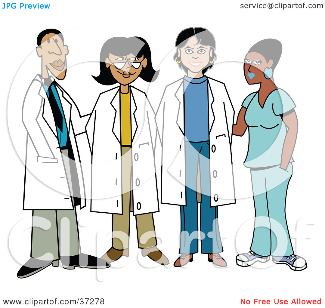 Clipart Illustration Of One Black Male Doctor With Three Hispanic