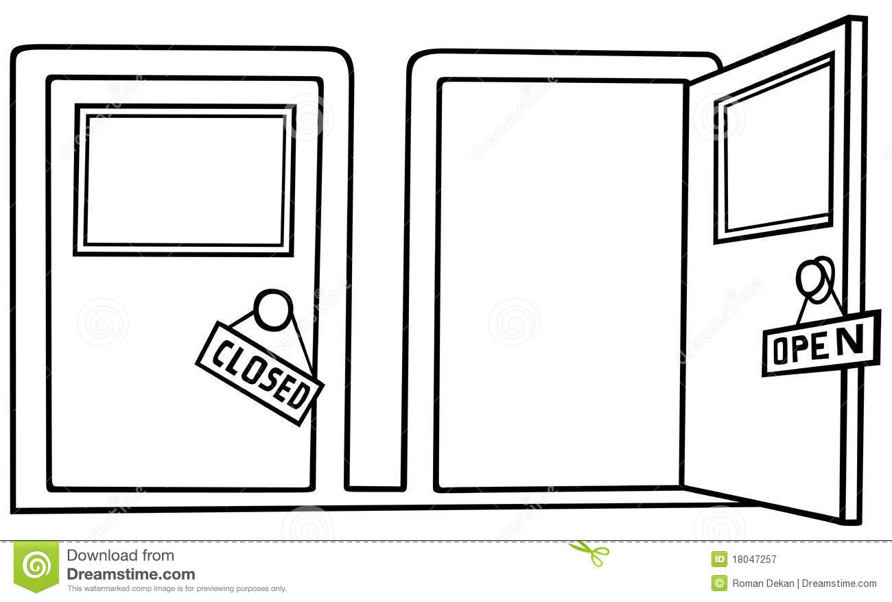Door Open And Close   Black And White Cartoon Illustration Vector