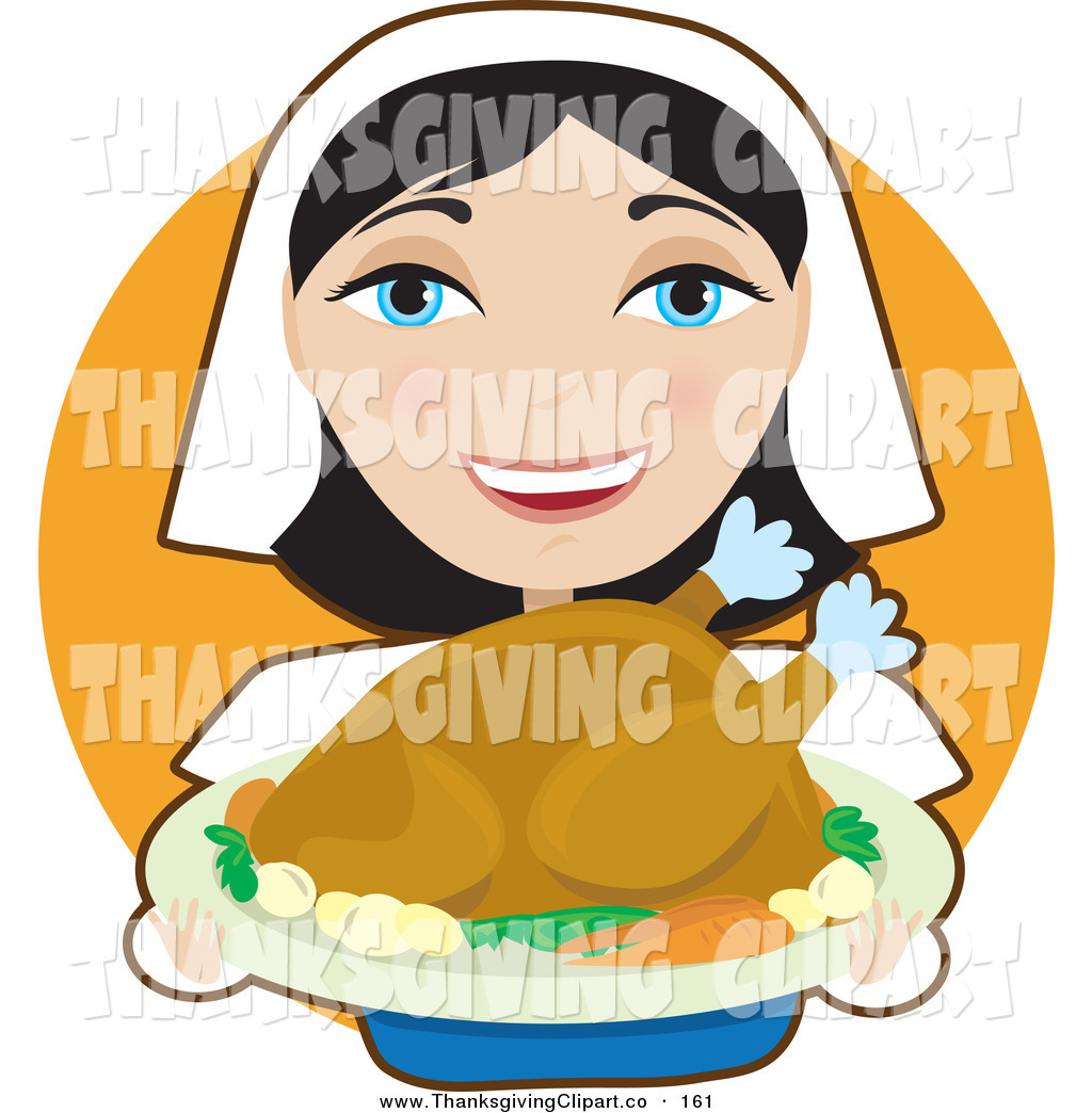 Of A Pretty Female Pilgrim Presenting A Thanksgiving Turkey On A Tray