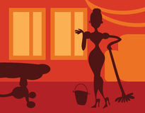 Silhouette Woman Doing Housework On Room Background   Retro Post