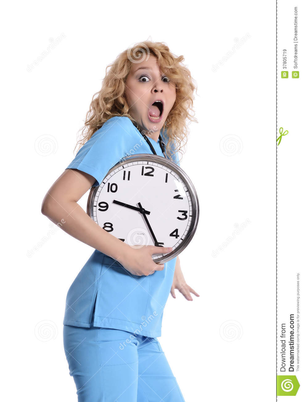 Stress   Nurse Woman Running Late With Clock Under Her Arm  Healthcare