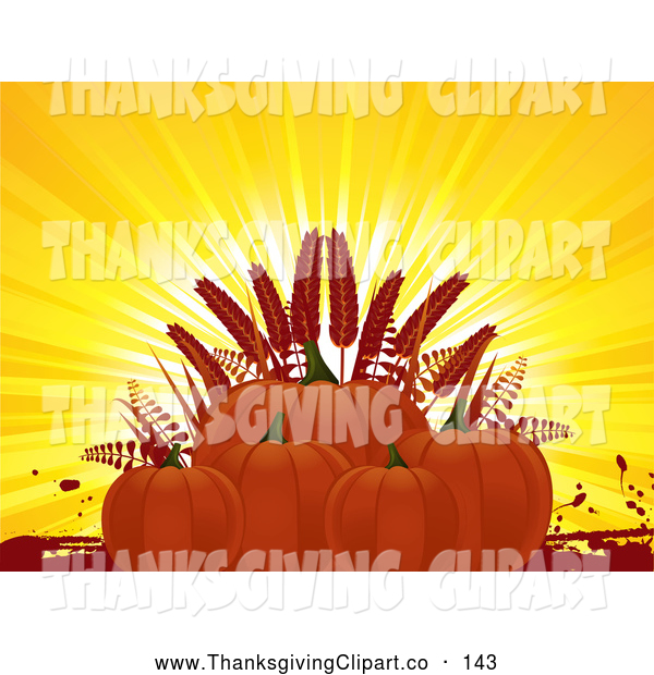Vector Of A Group Harvest Pumpkins And Wheat Against Sun Clipart