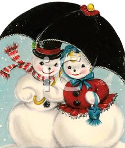 Vintage Cartoon Of Mr And Mrs Snowman Wearing Winter Attire Standing
