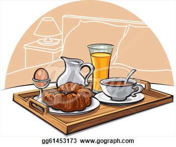 With Breakfast On A Bed In A Hotel Room   Clipart Drawing Gg61453173