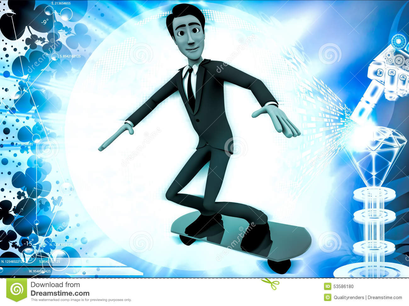 3d Man Jumping With Red Skateboard Illustration On Abstract Background