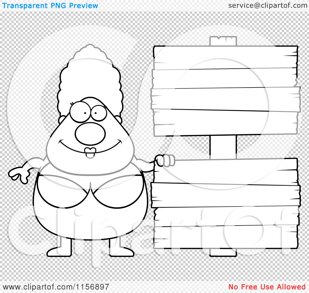Cartoon Clipart Of A Black And White Pudgy Granny Swimmer With A Sign