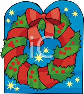 Cartoon Of A Green Christmas Wreath With Red Ribbon And Red Bow On A