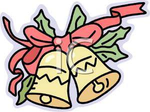 Cartoon Of Christmas Bells With A Red Bow And Green Leaves   Royalty