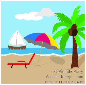 Clip Art Image Of A Tropical Beach With A Sailboat Beach Umbrella And    