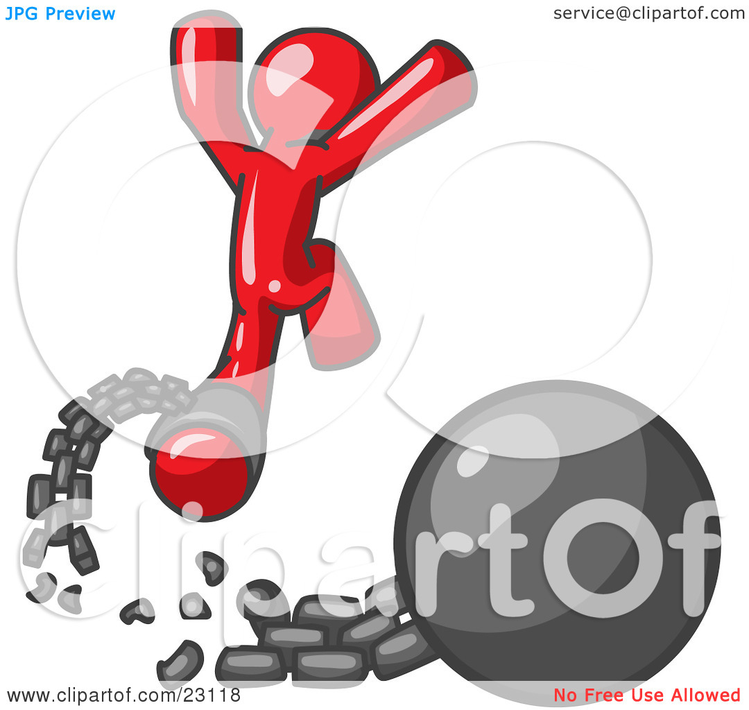 Clipart Illustration Of A Red Man Jumping For Joy While Breaking Away