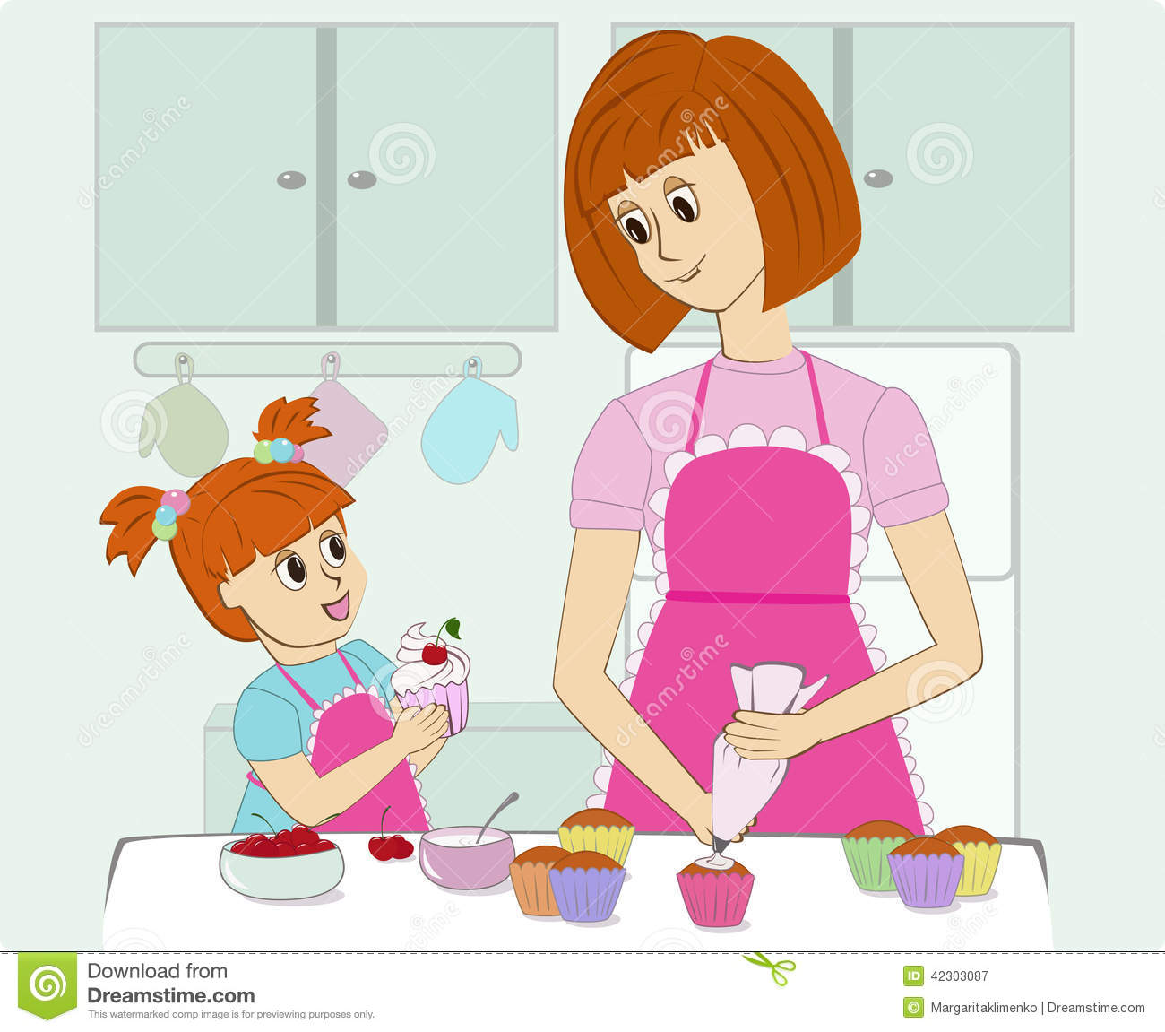 Mother And Her Daughter Cooking In The Kitchen Stock Vector   Image