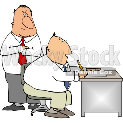     Over Employee S Shoulder As He Works At His Desk In His Office Clipart