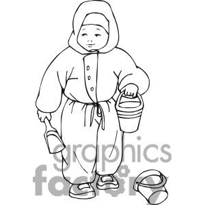 Black And White Outline Of A Little Boy With Shovel And Pale