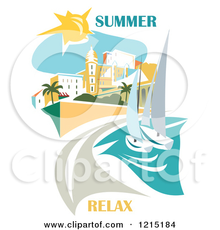 Clipart Of A Beach Scene With Sailboats Buildings And Summer Relax