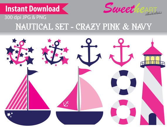 Instant Download Nautical Clipart   Crazy Pink   Navy   Printable