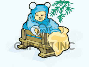 Little Baby In A Snowsuit Wrapped In A Blanket Sitting On A Bench