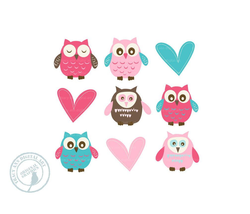 Mindy Blue And Pink Baby Owl And Heart Clip By Tracyanndigitalart
