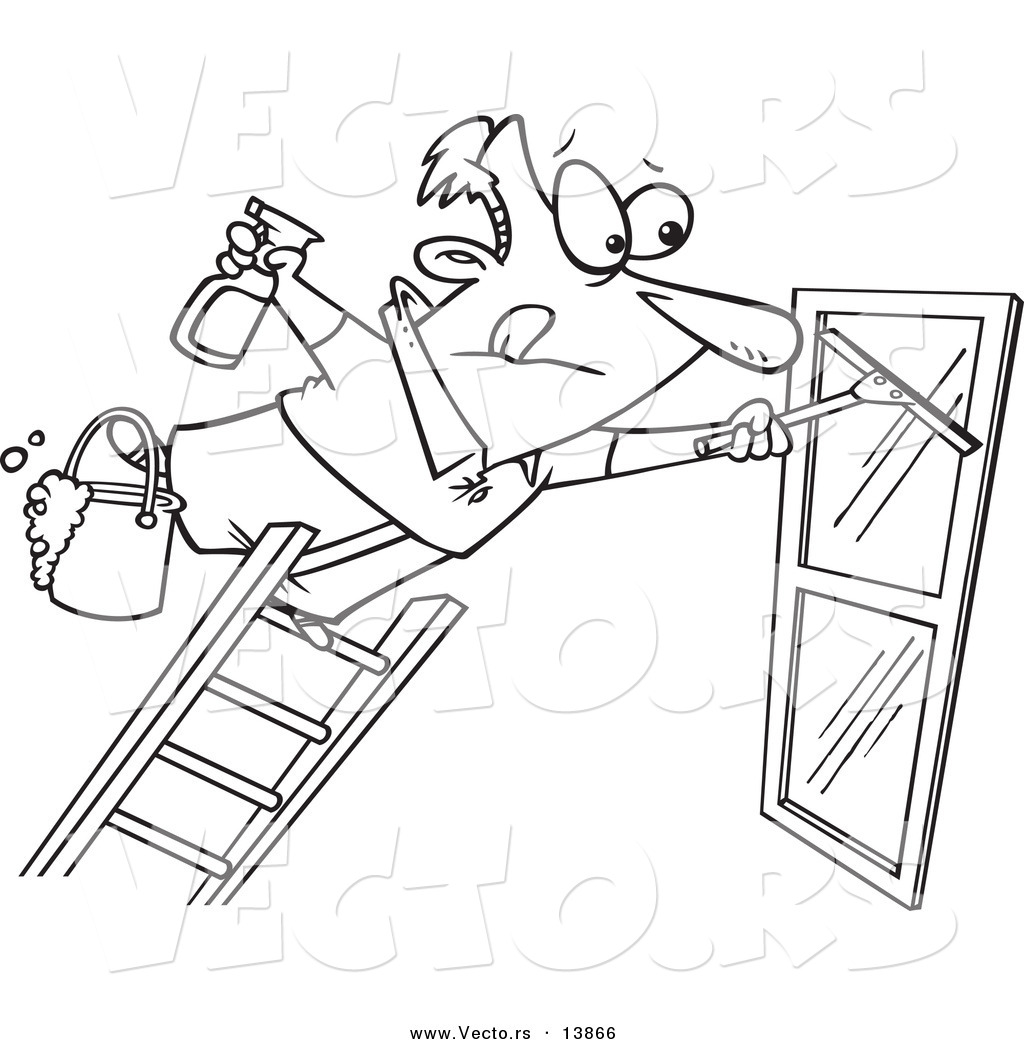 Of A Cartoon Window Cleaner Leaning Far Over A Ladder Coloring Page