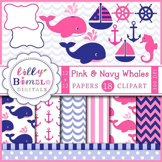 Pink Whale Clipart And Digital Papers Navy Whales Sailboat Anchors
