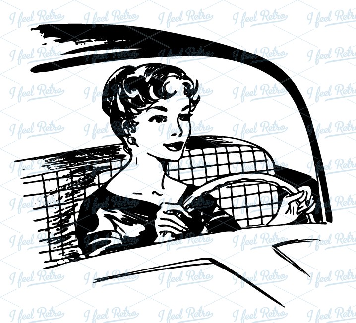 Retro Clipart  Woman Behind The Wheel   Authentic Vintage European