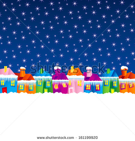 Background With Cartoon Village Houses In Winter In The Snow And